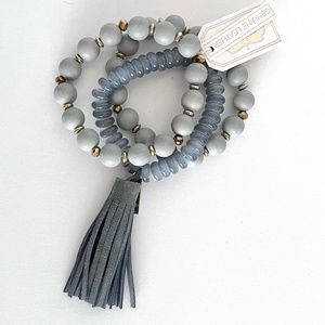 Mud Pie Wood Bead LEATHER TASSEL BRACELET Set Gray